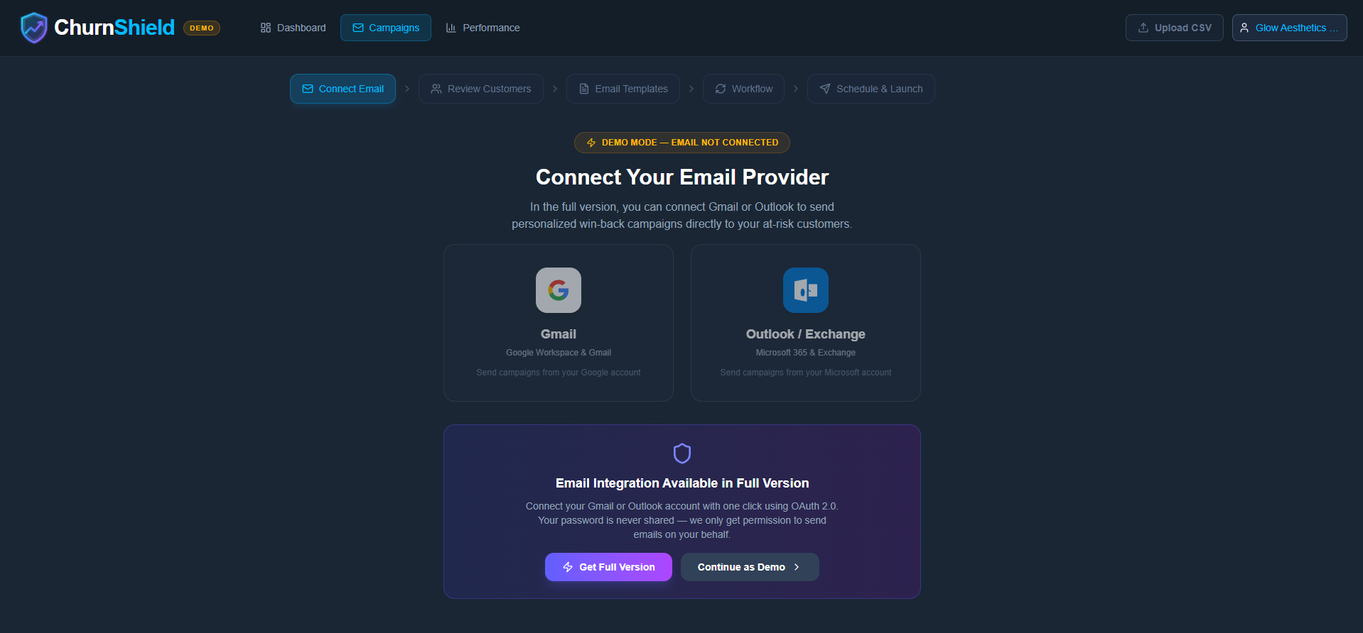 ChurnShield Campaigns showing email provider connection and campaign workflow